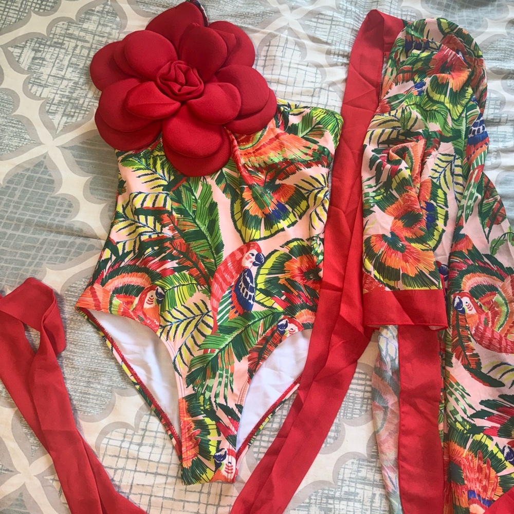 Amazon Women's Tropical Floral One Piece - Red, Green, Blue